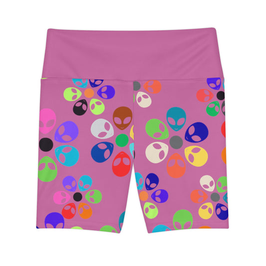 Colorful Alien Print Workout Shorts for Women Trendy Fitness Shorts Activewear Summer Gear Yoga Shorts Casual Sportswear Alien Rainbow Flowers Light Pink