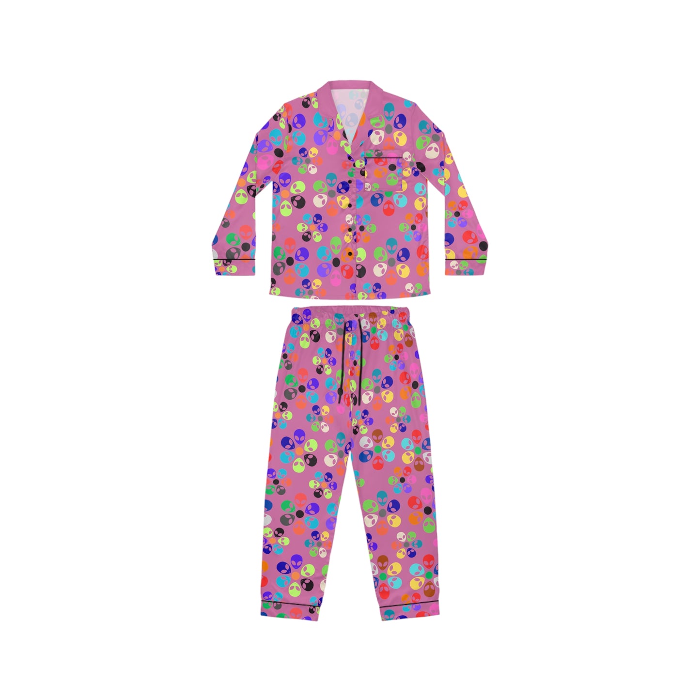 Colorful Womens Satin Pajamas Comfortable Sleepwear Set Cozy PJs for Women Vibrant Loungewear Cute Gift for Her Alien Rainbow Flowers Light Pink