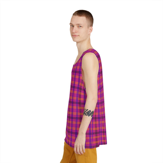 Plaid Mens Tank Top Casual Summer Wear Beach Attire Festival Outfit Comfortable Layering Piece Train Tracks Pink