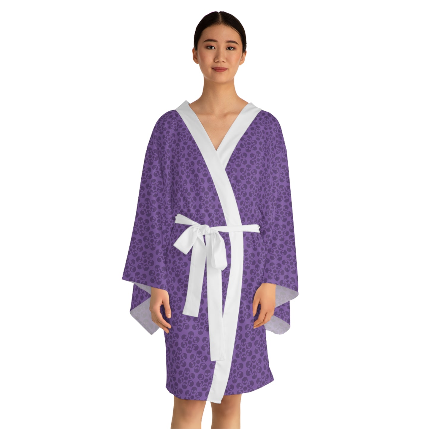 Chic Floral Long Sleeve Kimono Robe Bohemian Loungewear Relaxation Gift Spa Day Essential Cozy Home Attire Trendy Style Alien Flowers Light Purple