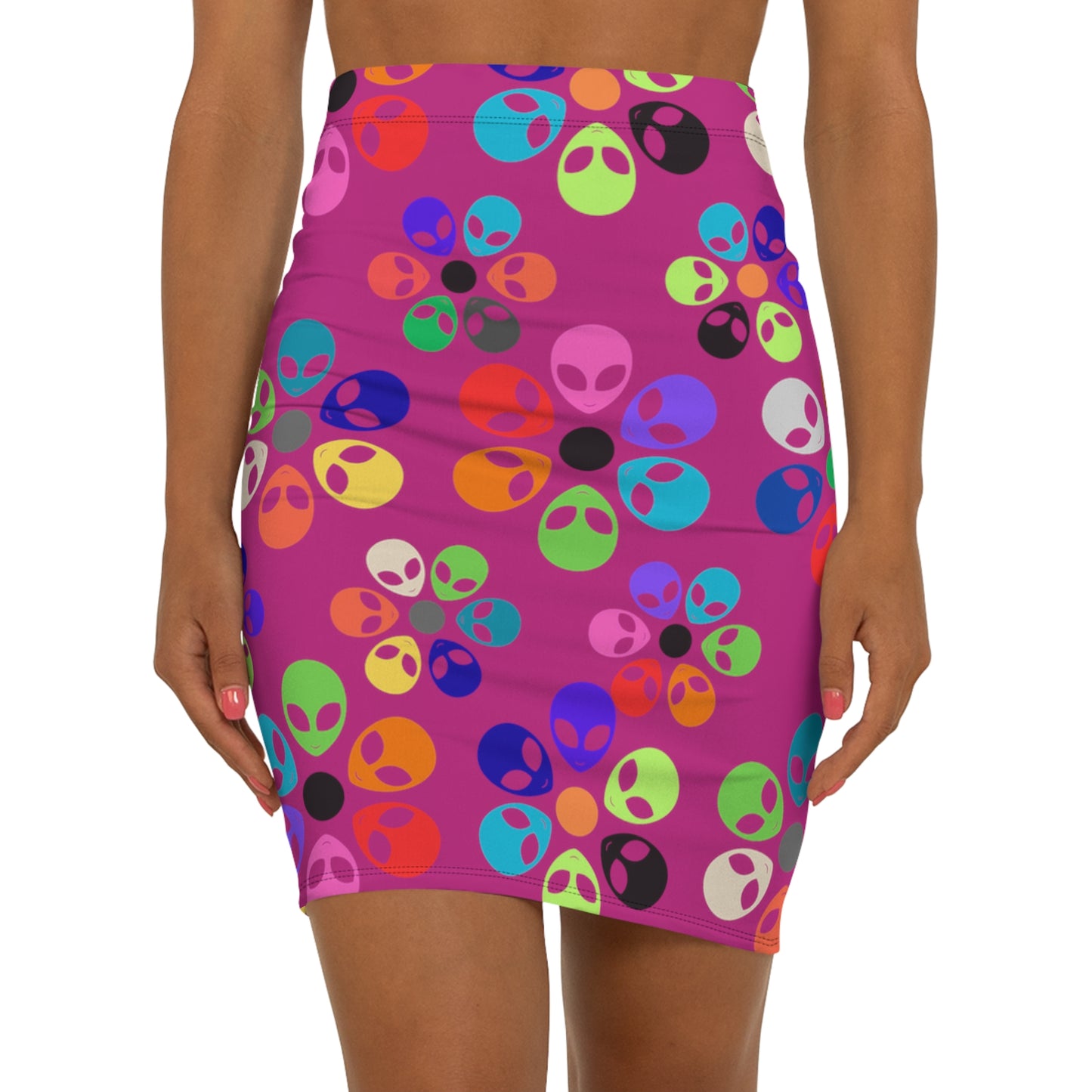 Colorful Alien Print Pencil Skirt Fun Trendy Skirt for Parties Women’s Everyday Wear Quirky Fashion Unique Gift Idea Alien Rainbow Flowers Pink