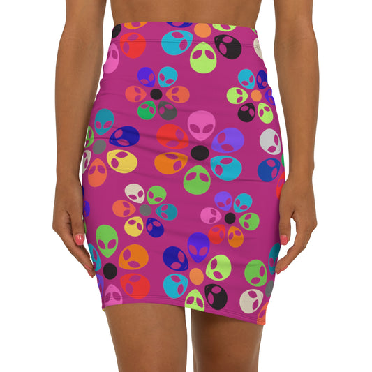 Colorful Alien Print Pencil Skirt Fun Trendy Skirt for Parties Women’s Everyday Wear Quirky Fashion Unique Gift Idea Alien Rainbow Flowers Pink