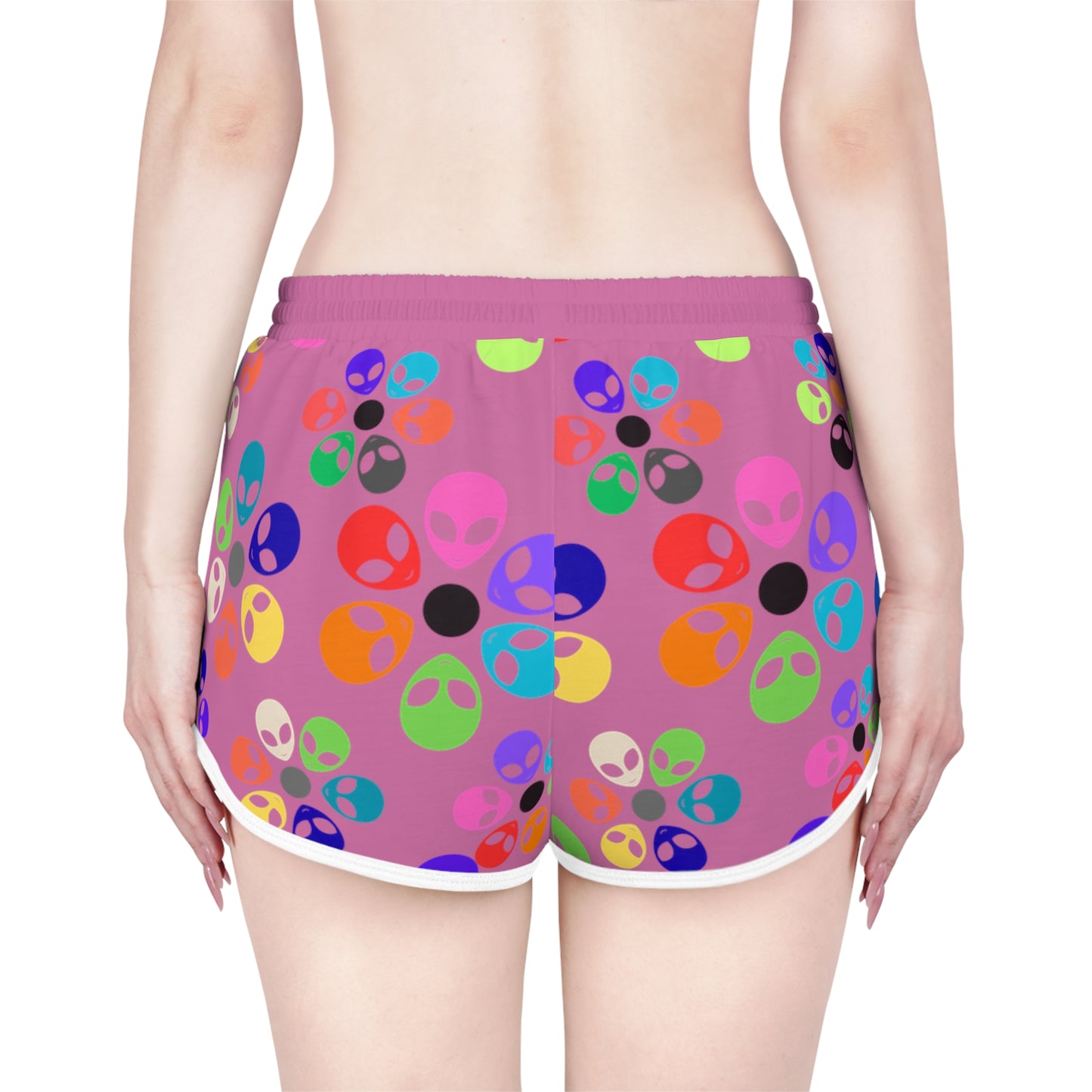 Colorful Alien Flower Print Womens Relaxed Shorts Summer Loungewear Beachwear Festival Outfit Casual Comfort Alien Rainbow Flowers Light Pink