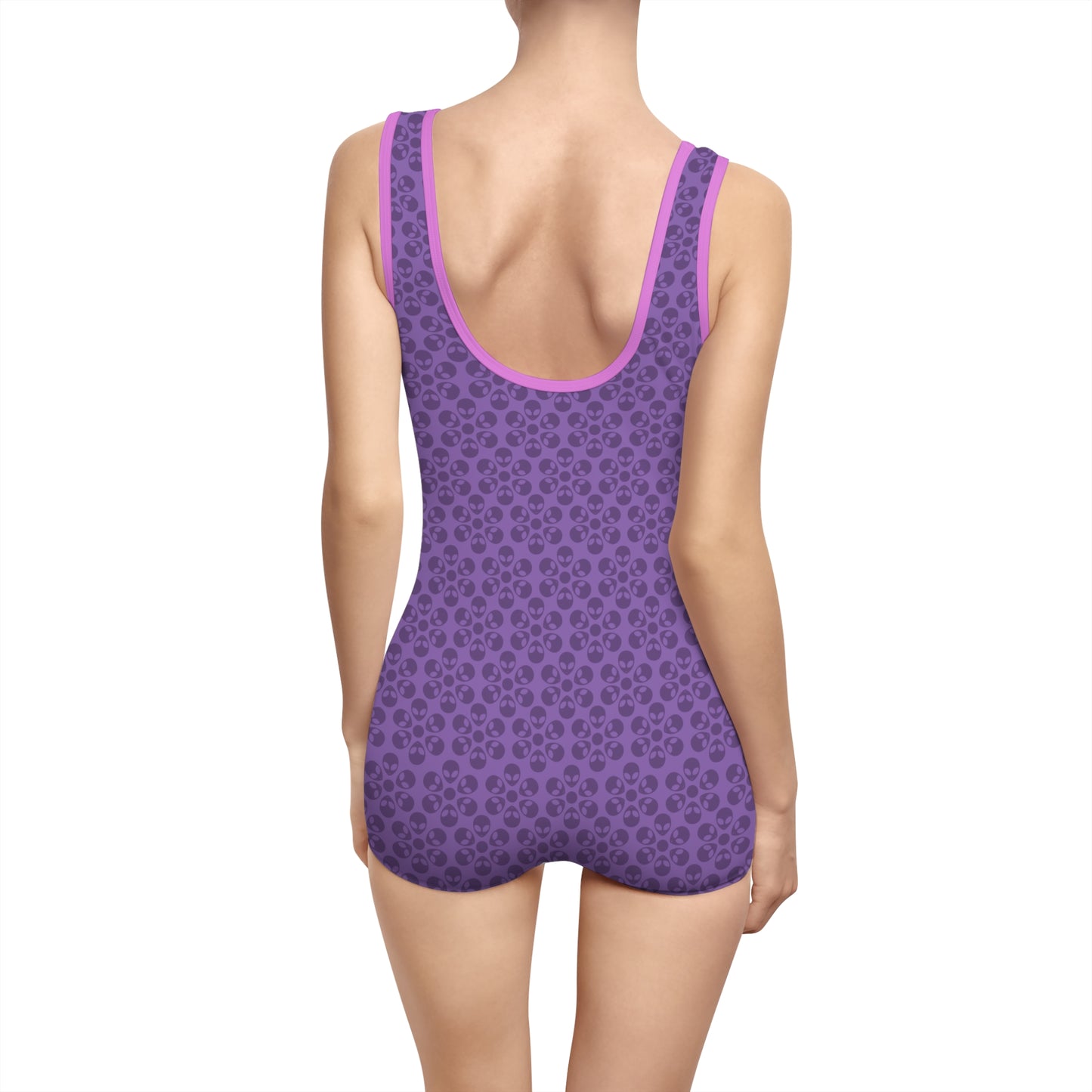 Womens Vintage Swimsuit  Alien Flowers Light Purple