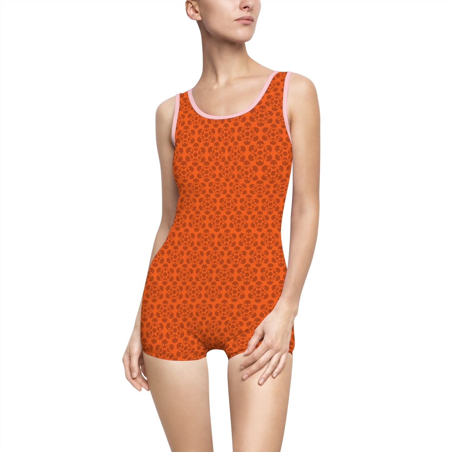 Womens Vintage Swimsuit  Alien Flowers Orange