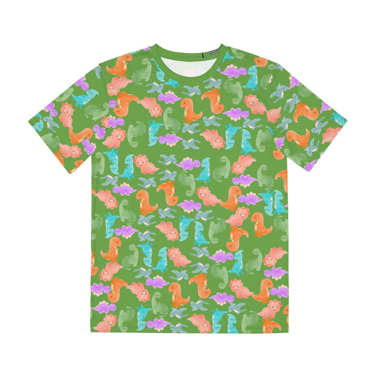 Colorful Dino Tee  Fun Playful Shirt for Ocean Lovers Casual Wear Summer Outfits Beach Activities Gifts for Him Rainbow Dinos Green