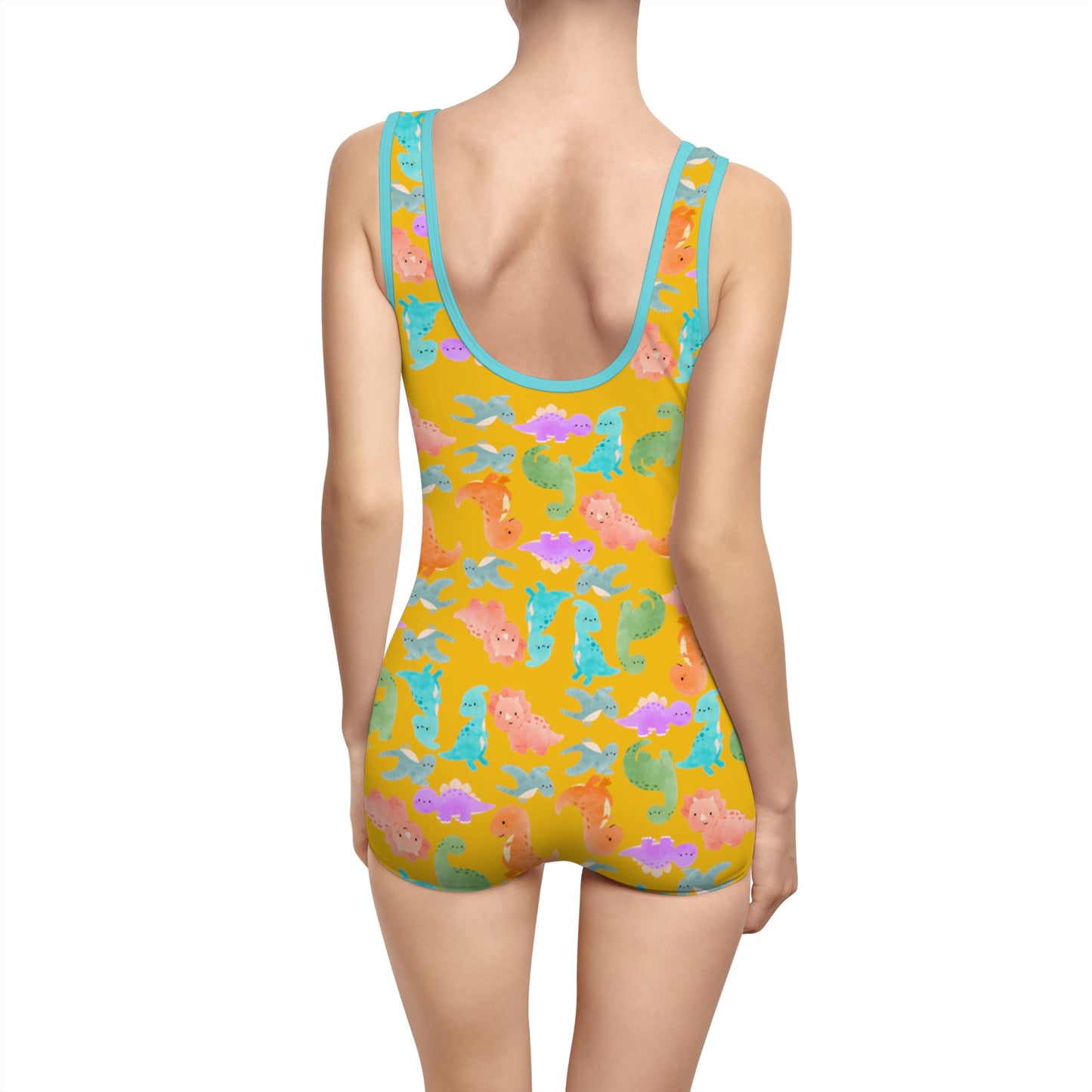 Vintage Dino Print Womens Swimsuit Retro Bathing Suit Summer Beachwear Pool Party Outfit Unique Swimwear Gift  Rainbow Dinos Yellow