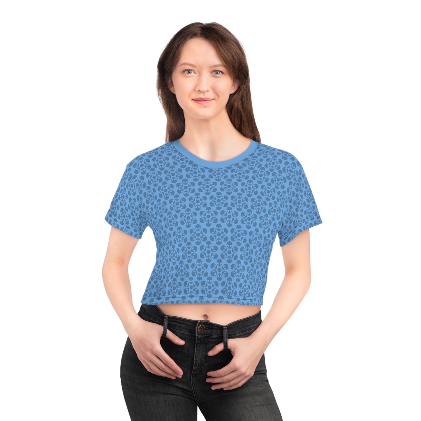 Feminine Floral Crop Tee Trendy Summer Top Aesthetic Graphic Shirt Casual Outfit Unique Gift for Her Vintage Style Tee Alien Flowers Light Blue