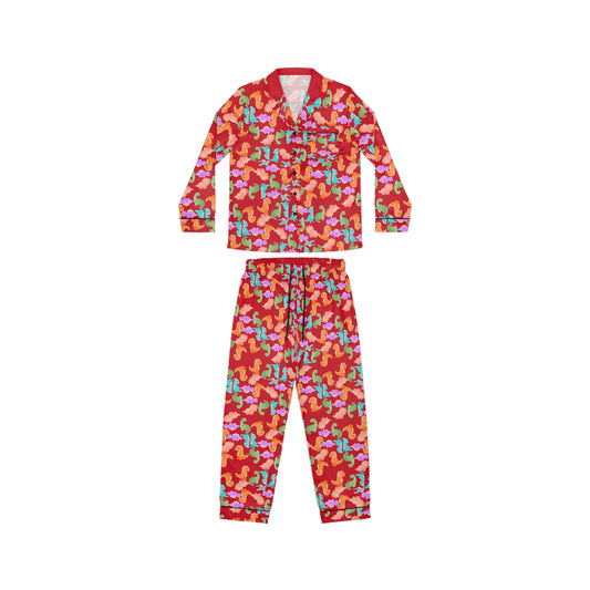 Colorful Womens Satin Pajamas Set Cozy Sleepwear Cute Loungewear for Celebrations Birthday Gift for Her Relaxation Clothing Rainbow Dinos Dark Red