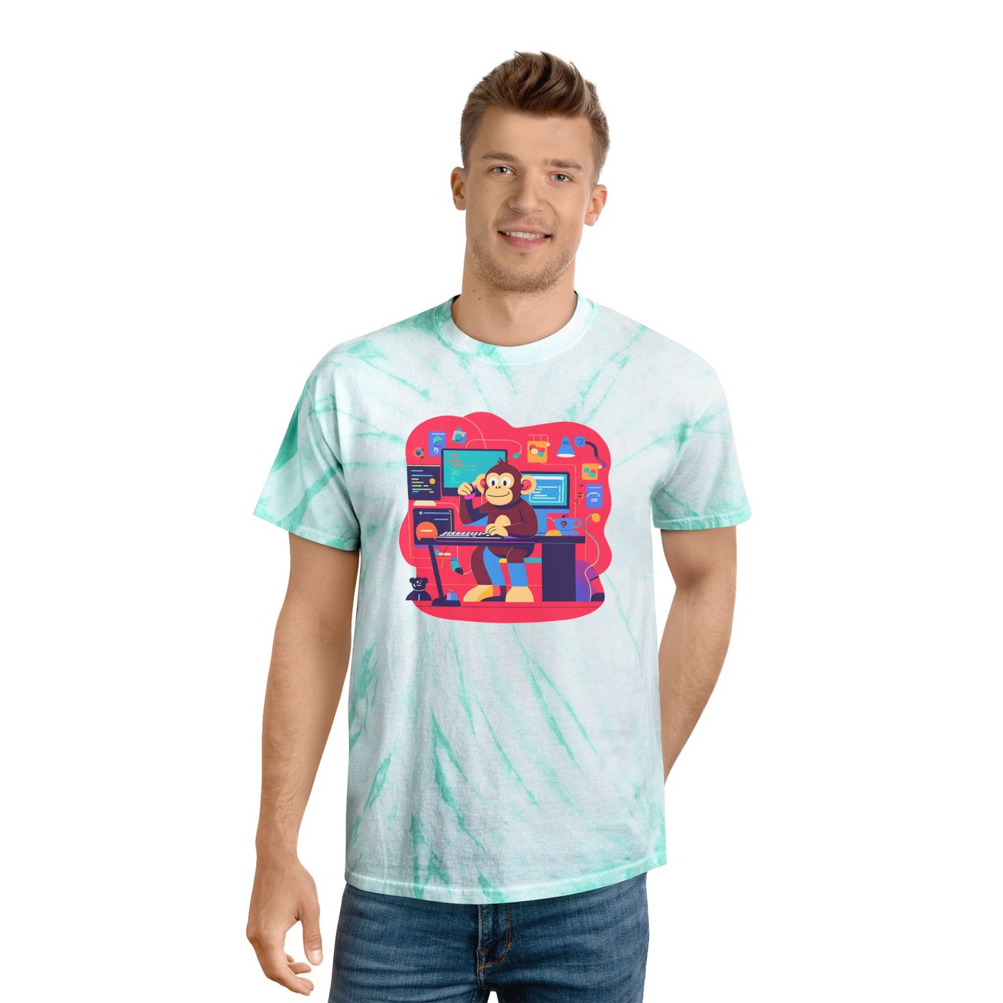 Cheerful Tie-Dye Tee, Cyclone Monkey Graphic, Casual Summer Shirt, Fun Gift for Gamers, Bright Festival Wear, Artistic Streetwear