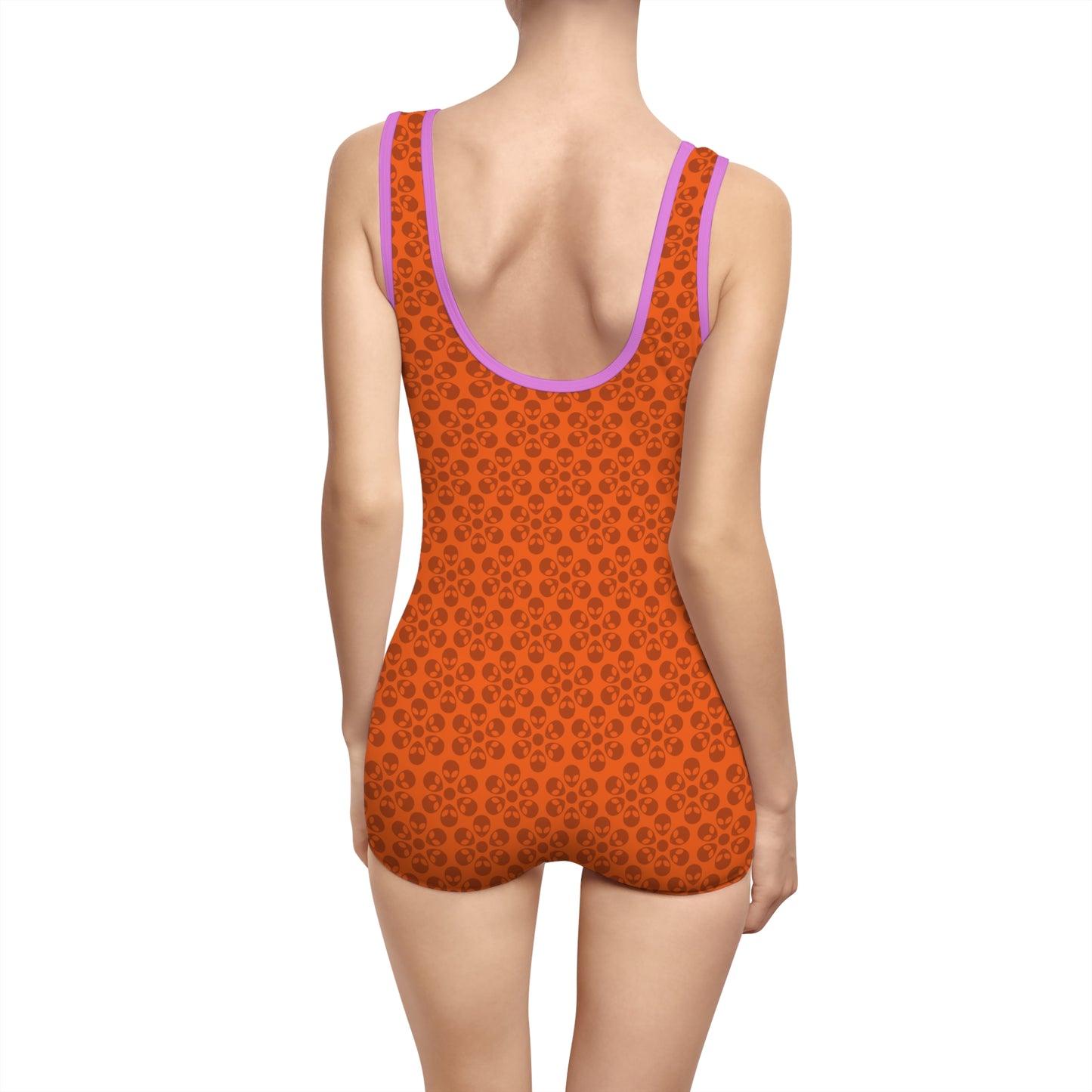 Womens Vintage Swimsuit  Alien Flowers Orange
