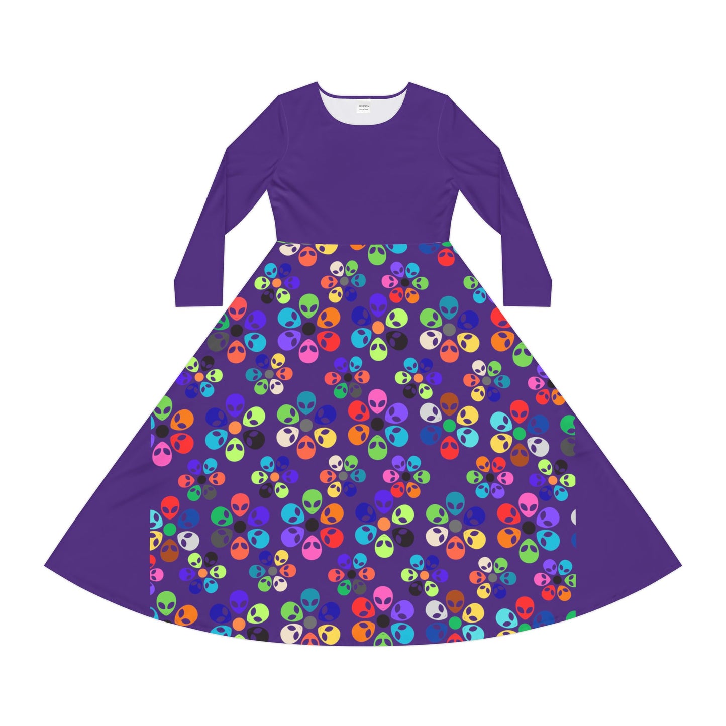 Vibrant Womens Long Sleeve Dance Dress Colorful Floral Style Perfect for Dance Parties Celebrations BohoChic Fashion Alien Rainbow Flowers Purple