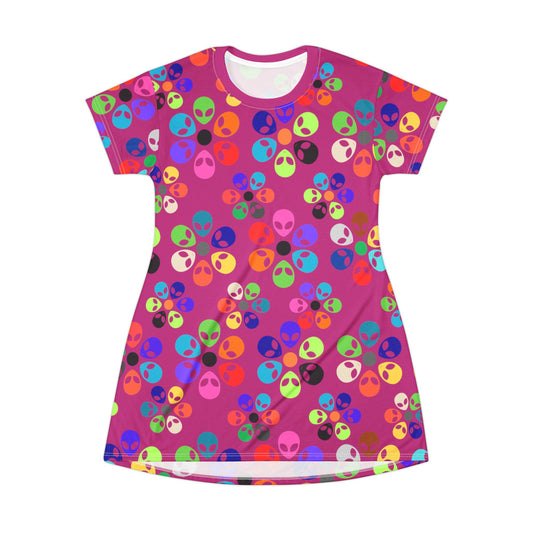 Colorful Alien TShirt Dress | Fun Casual Wear Summer Dress Festival Outfit Gift for UFO Lovers Unique Print Alien Rainbow Flowers Pink