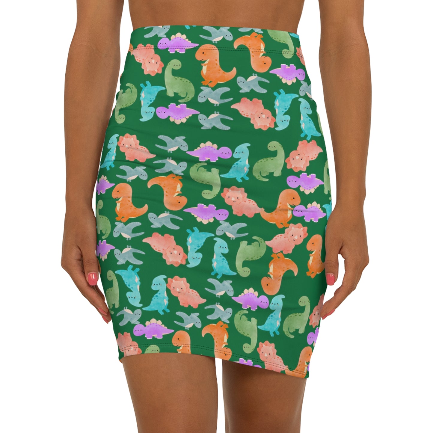 Dinosaur Print MidWaist Pencil Skirt for Fun and Playful Style Womens Skirt Cute Skirt Fashionable Skirt Casual Skirt Gift Idea Rainbow Dinos Dark Green