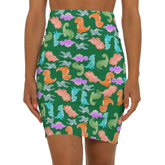 Dinosaur Print MidWaist Pencil Skirt for Fun and Playful Style Womens Skirt Cute Skirt Fashionable Skirt Casual Skirt Gift Idea Rainbow Dinos Dark Green