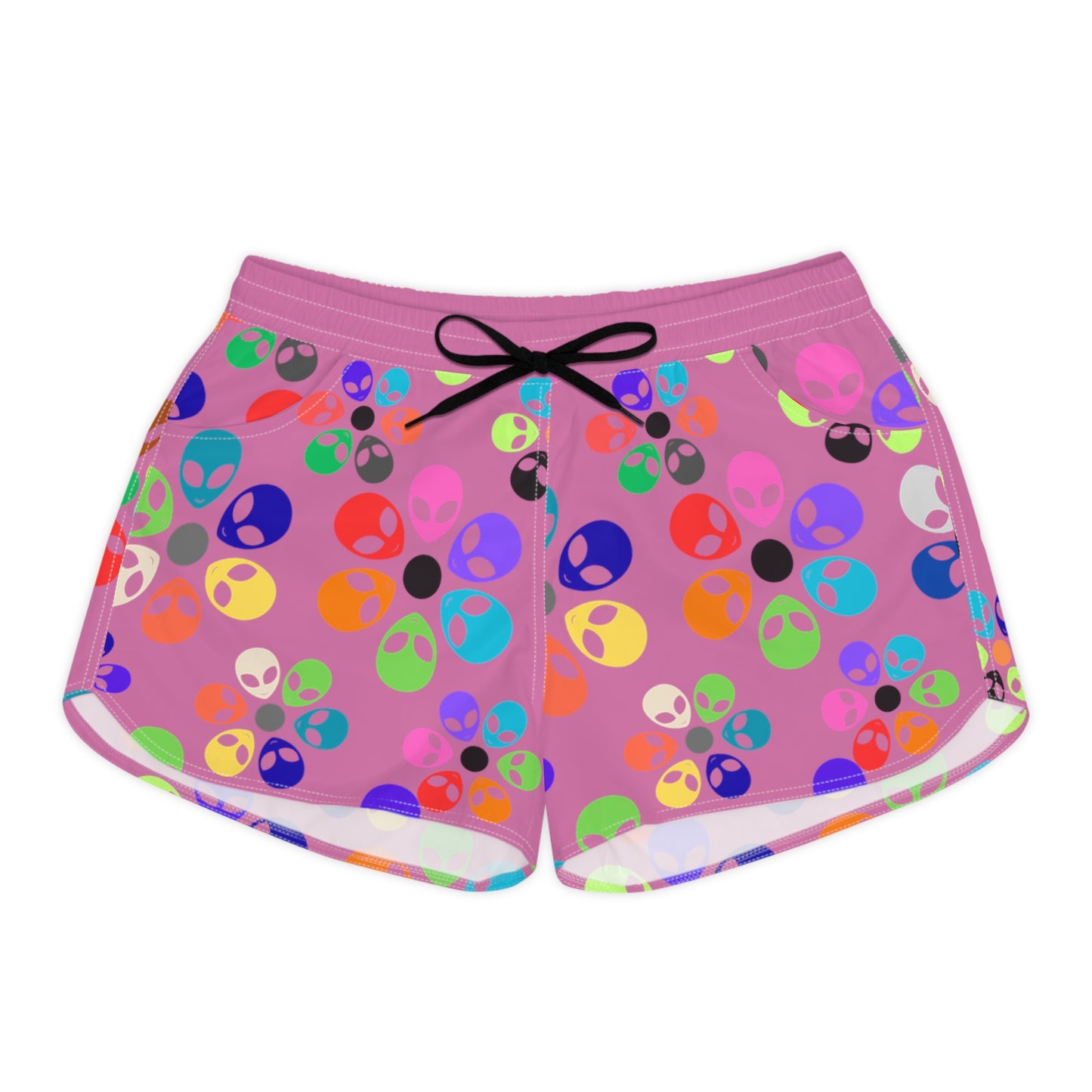 Colorful Alien Print Casual Shorts for Women | Fun Summer Activewear | Festival Fashion Beachwear Vacation Outfit Gift Idea Alien Rainbow Flowers Light Pink