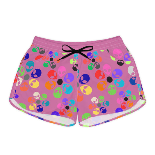 Colorful Alien Print Casual Shorts for Women | Fun Summer Activewear | Festival Fashion Beachwear Vacation Outfit Gift Idea Alien Rainbow Flowers Light Pink