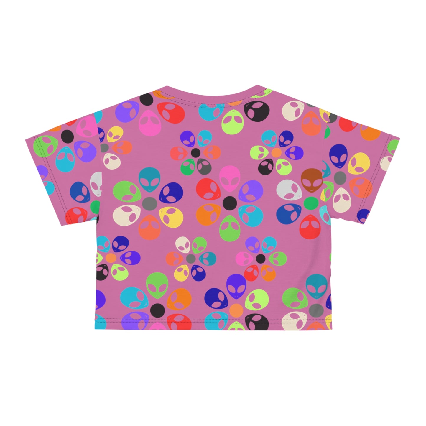 Colorful Alien Print Crop Tee Fun Crop Top Gift for UFO Lovers Casual Summer Tee Trendy Graphic Shirt Unique Festival Wear Alien Rainbow Flowers Light Pink