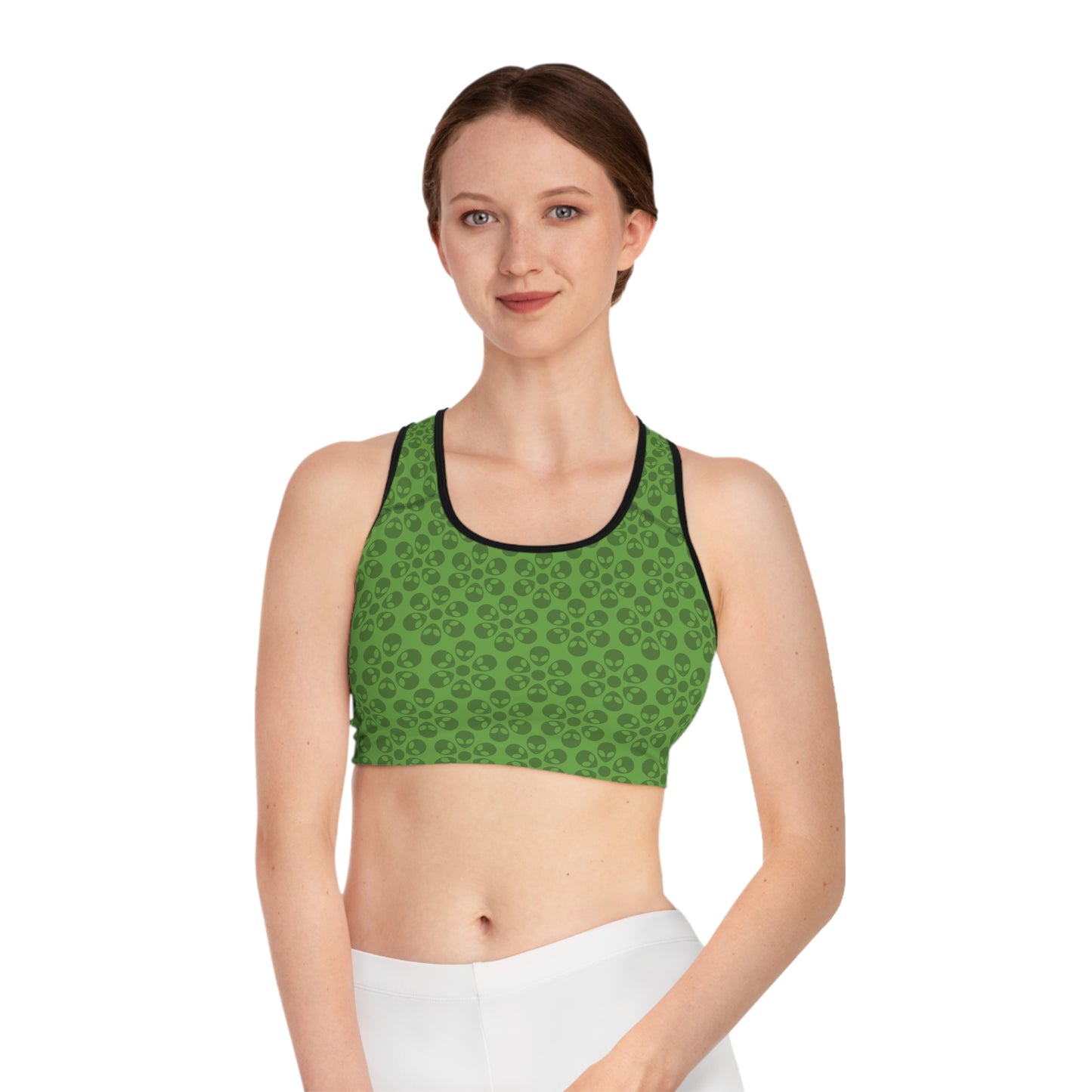 Trendy Floral Pattern Sports Bra Workout Bra for Women Fitness Gear Yoga Top Gym Wear Gift for Athletes Alien Flowers Green