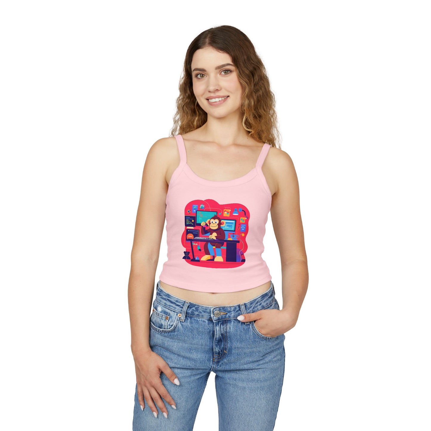 Playful Monkey Graphic Spaghetti Strap Tank Top - Fun Casual Wear, Summer Beach, Gift for Animal Lovers, Cute Pajama Top, Creative [...]