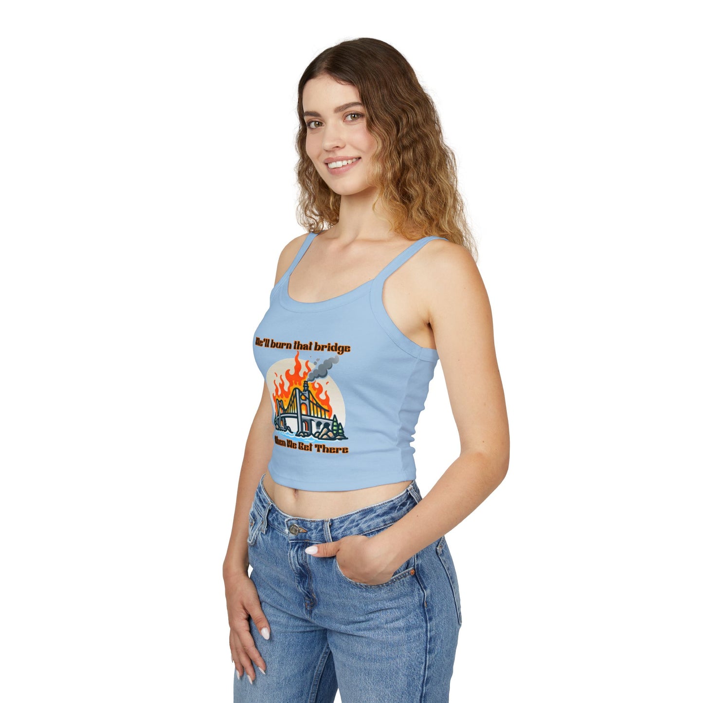 Fire Bridge Graphic Spaghetti Strap Tank Top - Casual Summer Apparel for Fun Days Out