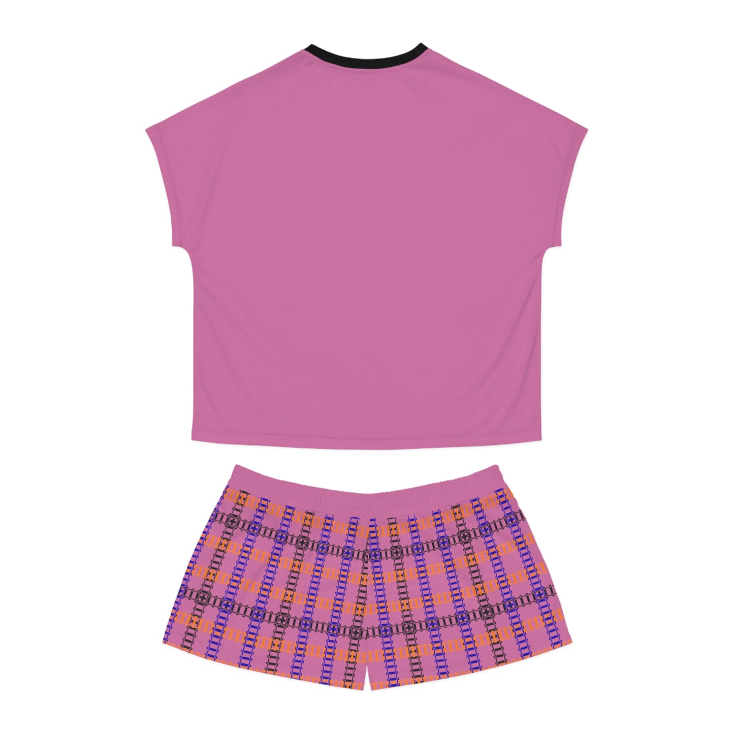 Cozy Womens Pajama Set for Relaxation Sleepwear Loungewear Gift for Her Stylish AOP Design Train Tracks Light Pink