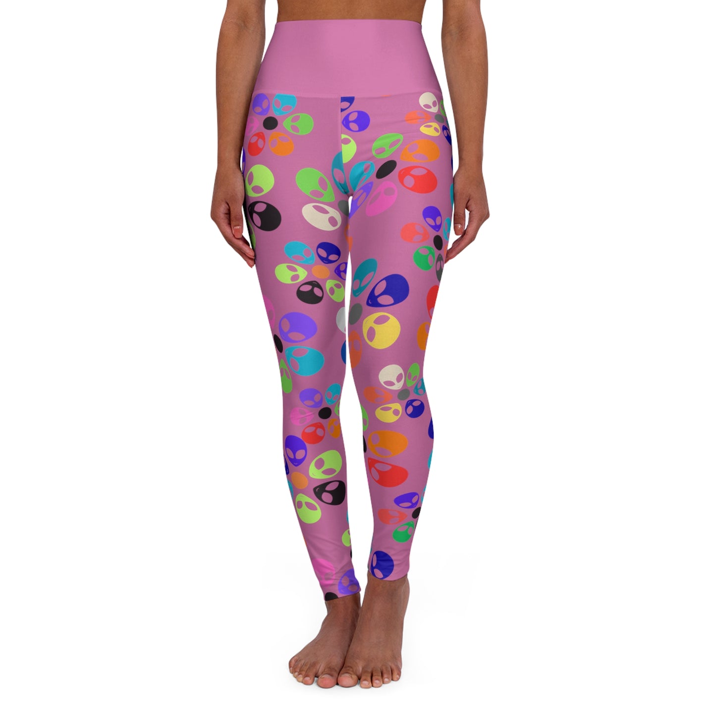 Colorful Alien Print High Waisted Yoga Leggings | Unique Workout Leggings Fitness Apparel Activewear Gifts for Yogis Alien Rainbow Flowers Light Pink