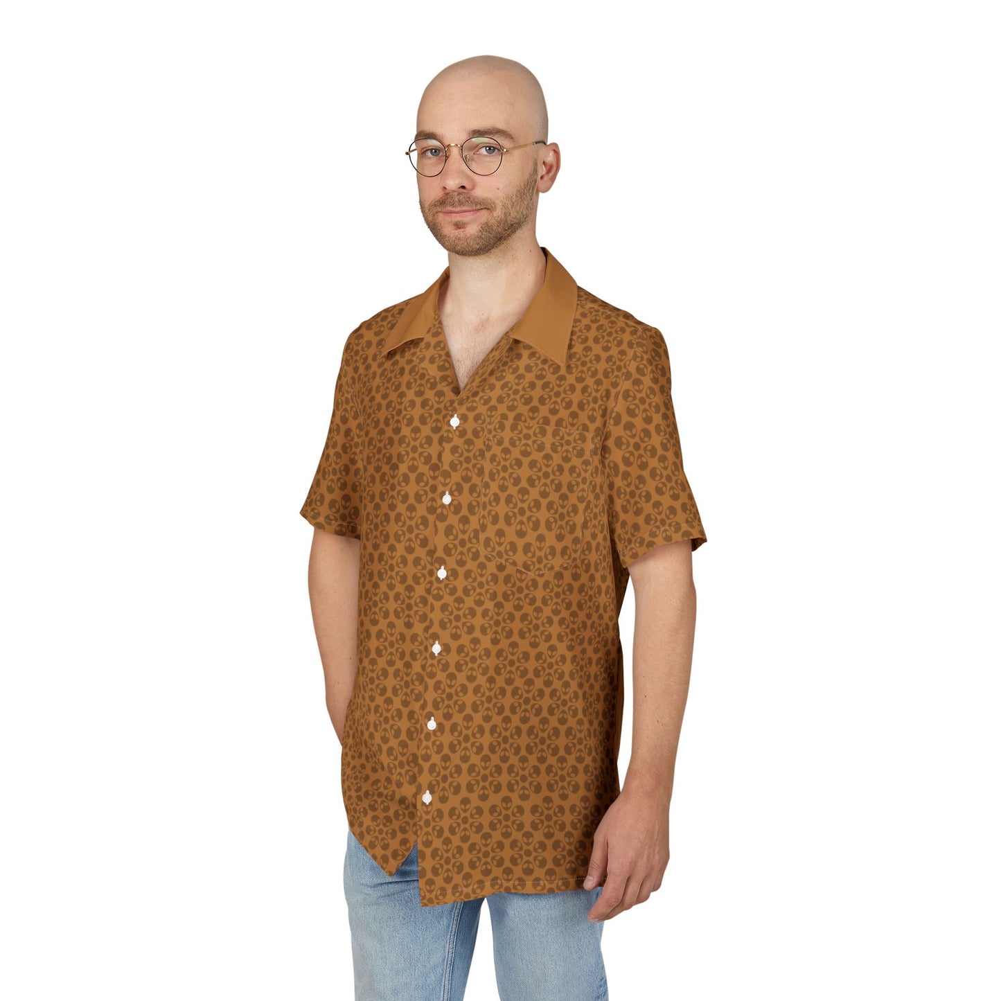 Unisex Hawaiian ButtonDown Shirt  Tropical Vibe Summer Apparel Beachwear Vacation Outfit Casual Wear Alien Flowers Light Brown