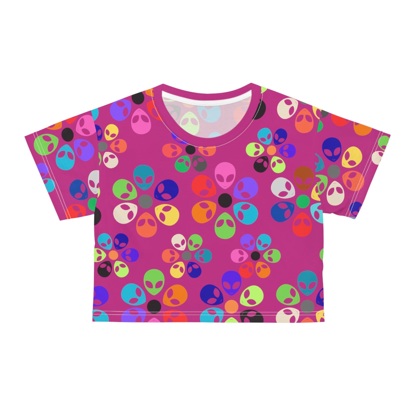 Colorful Alien Print Crop Tee Fun Crop Top Gift for UFO Lovers Casual Summer Tee Trendy Graphic Shirt Unique Festival Wear Alien Rainbow Flowers Pink