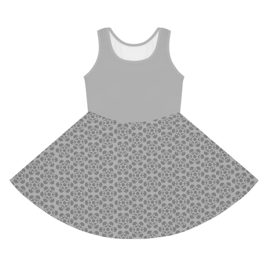 Girls Floral Sleeveless Sundress Cute Summer Dress Kids Fashion Birthday Outfit Playful Floral Pattern Spring Dress Alien Flowers Light Grey