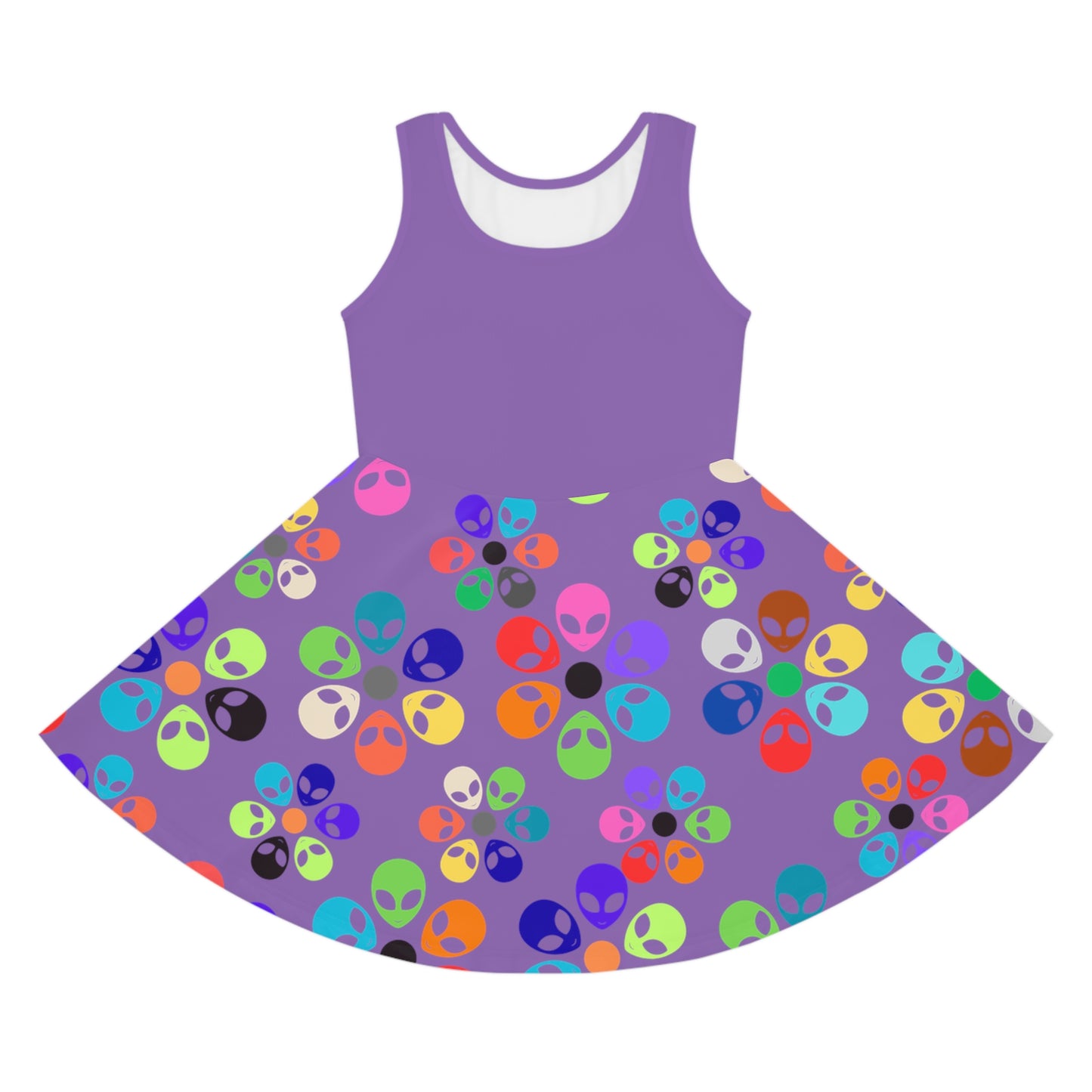 Colorful Alien Print Girls Sundress Summer Dress Kids Fashion Birthday Outfit Playful Dress Unique Gifts for Girls Alien Rainbow Flowers Light Purple