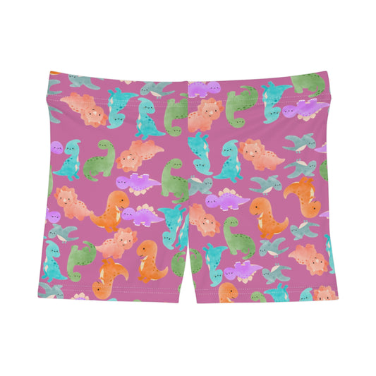 Dinosaur Print Womens Shorts Cute Summer Loungewear Kids Party Attire Beach Day Outfit Colorful Activewear Rainbow Dinos Light Pink