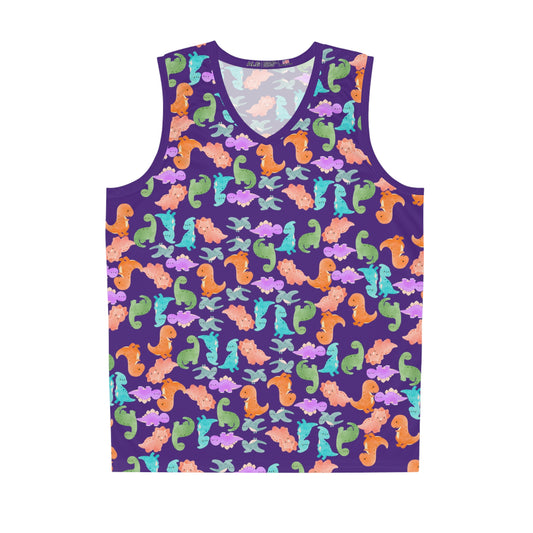 DinoInspired Basketball Jersey Vibrant Sport Tank Fun Summer Apparel Beach Style Gear Youth and Adult Sizes Unique Gift for Players Rainbow Dinos Purple