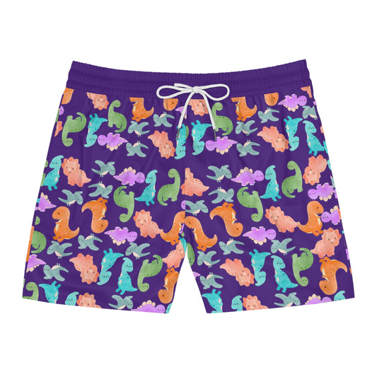 Colorful Dino Swim Shorts for Men | Beachwear Summer Fun Pool Parties Vacation Essentials Nautical Style Rainbow Dinos Purple