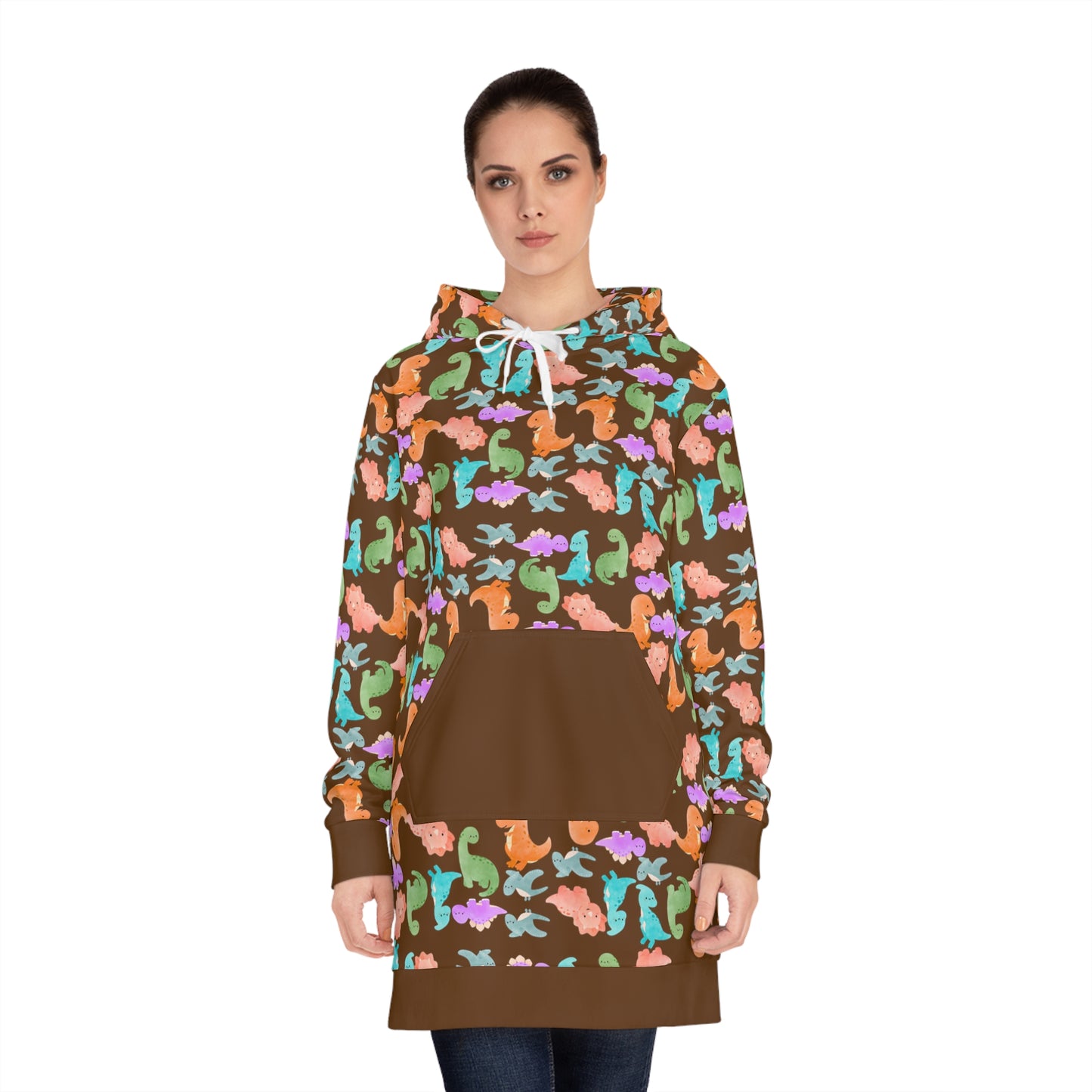 Womens Hoodie Dress Rainbow Dinos Brown