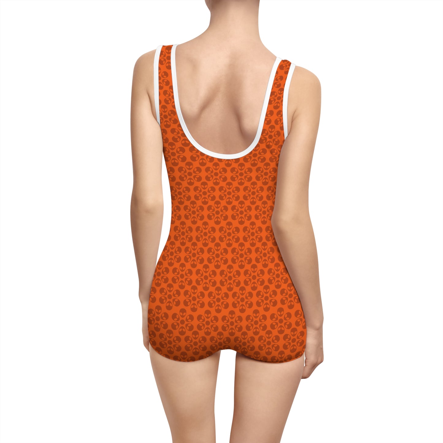 Womens Vintage Swimsuit  Alien Flowers Orange