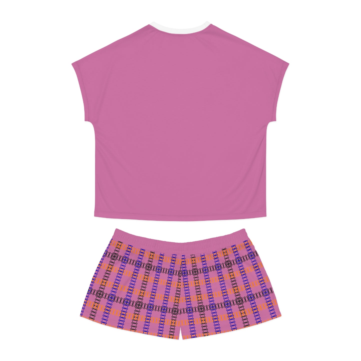 Cozy Womens Pajama Set for Relaxation Sleepwear Loungewear Gift for Her Stylish AOP Design Train Tracks Light Pink