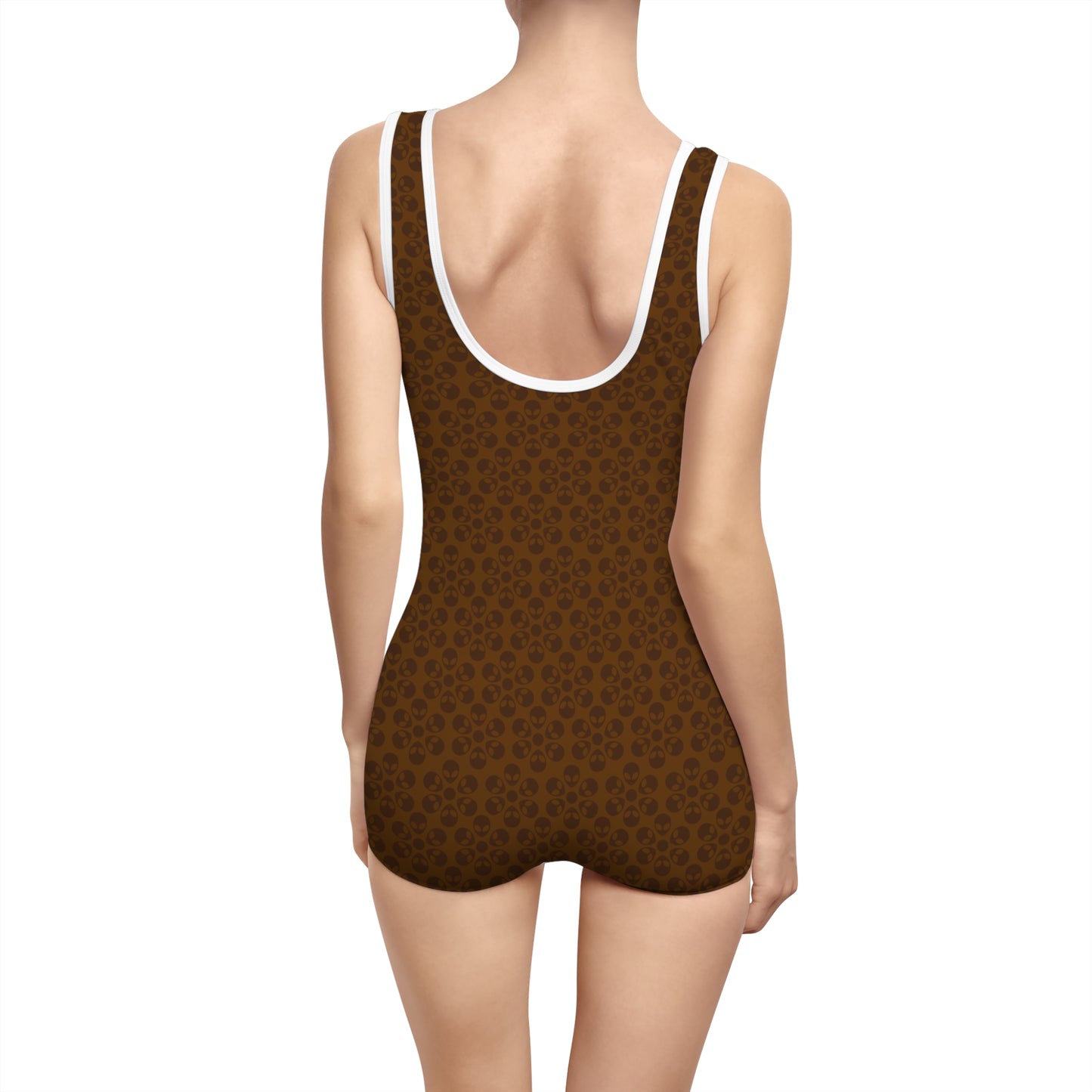 Womens Vintage Swimsuit  Alien Flowers Brown