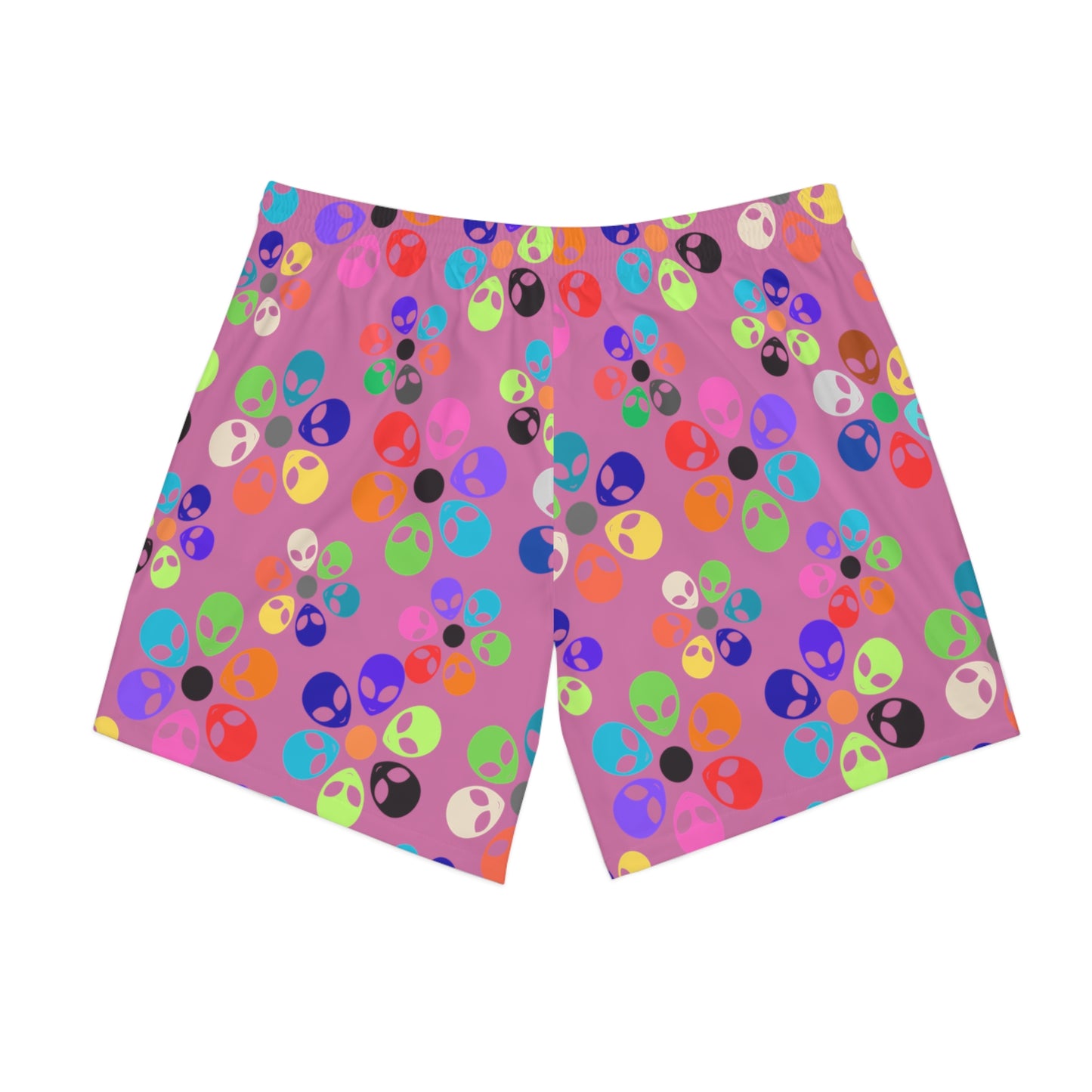 Colorful Alien Print Beach Shorts Mens Beachwear Casual Summer Shorts Vacation Swim Trunks Fun Festival Outfit Alien Rainbow Flowers Light Pink