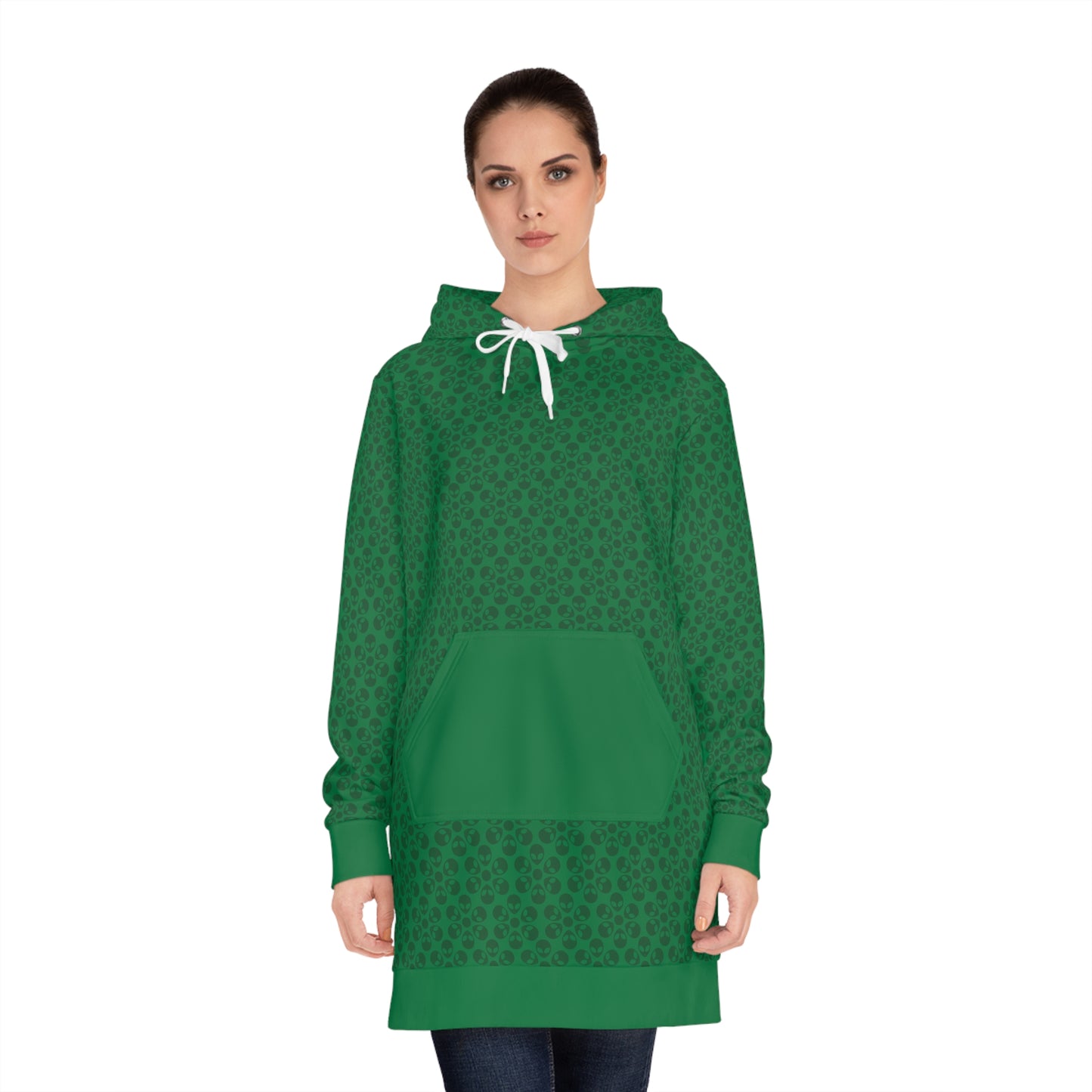 Womens Hoodie Dress  Alien Flowers Dark Green