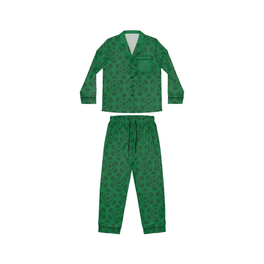 Womens Satin Pajamas  Alien Flowers Dark Green