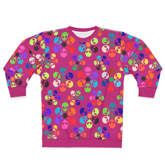Colorful Alien Graphic Unisex Sweatshirt Fun and Quirky Sweater for Casual Wear Gift for SciFi Lovers Unisex Fashion Trendy Streetwear Alien Rainbow Flowers Pink