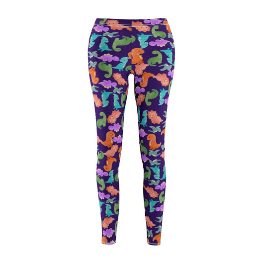 Womens Midrise Casual Leggings Rainbow Dinos Purple
