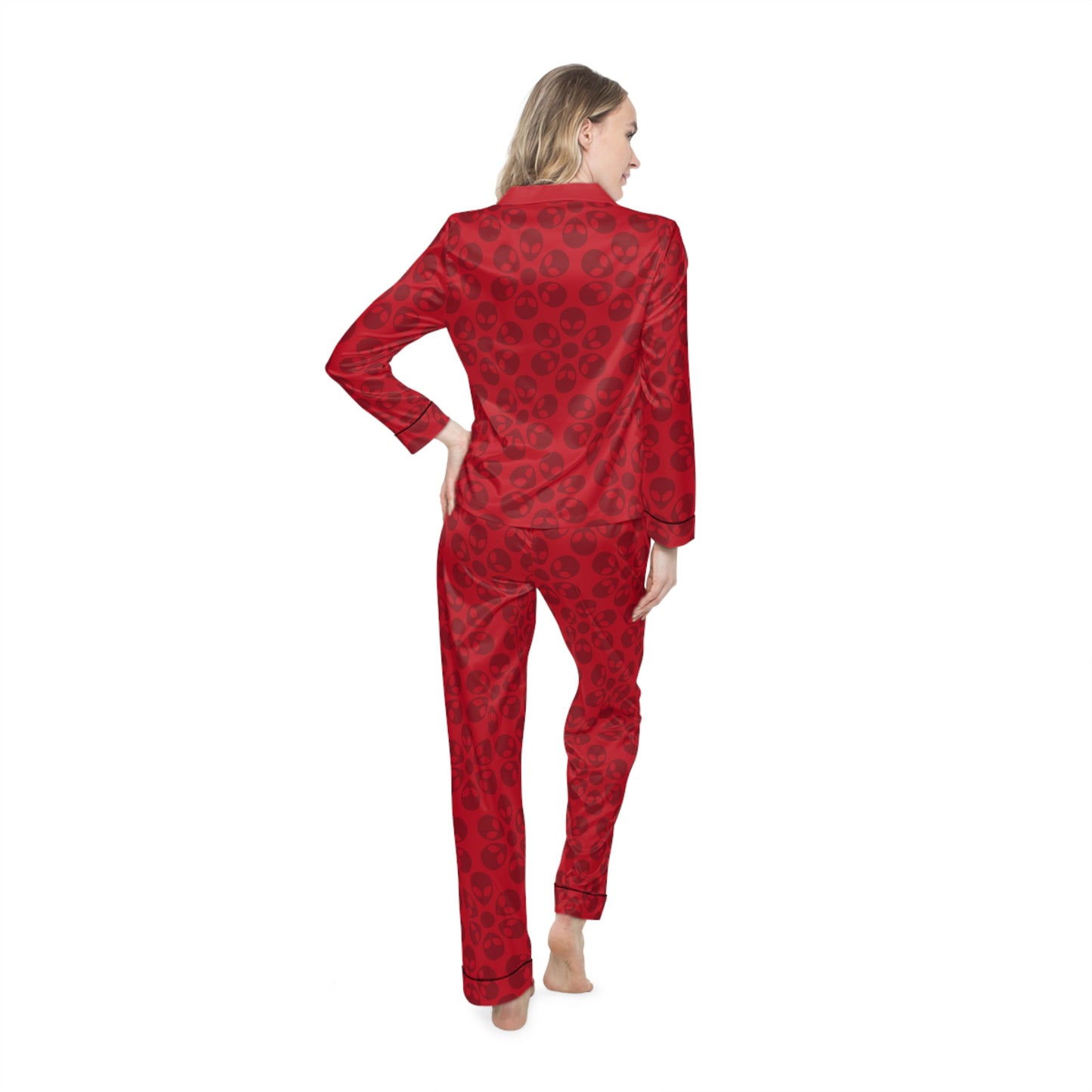 Womens Satin Pajamas  Alien Flowers Dark Red