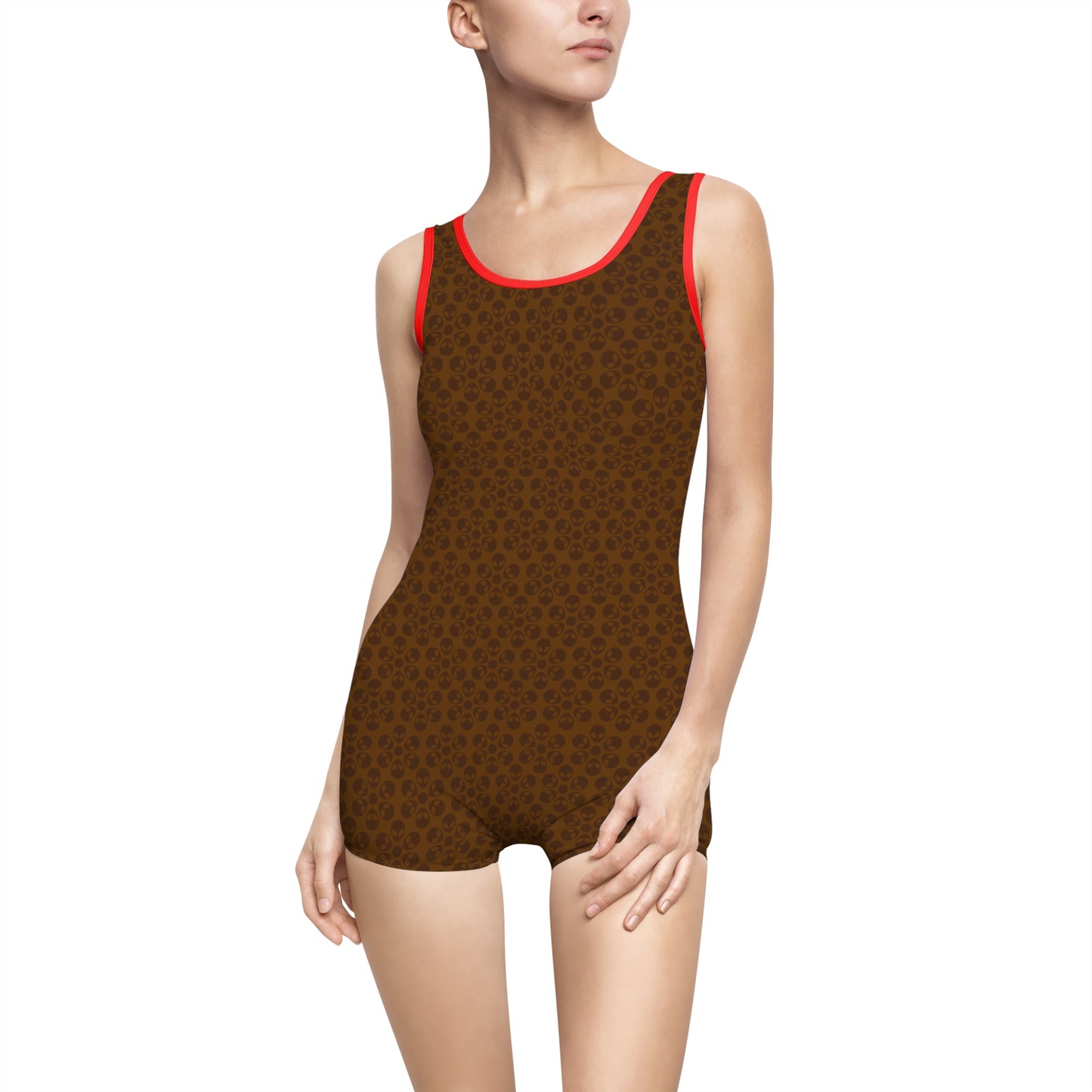 Womens Vintage Swimsuit  Alien Flowers Brown