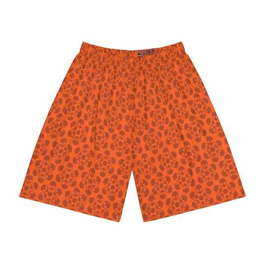 Men’s Skull Pattern Sports Shorts Casual Athletic Wear Summer Beach Shorts Workout Gear Fitness Shorts Gift for Athletes Alien Flowers Orange