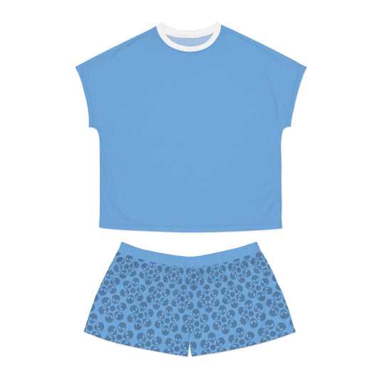 Stylish Womens Pajama Set Cozy Sleepwear AOP Floral Print Perfect for Lounging Gift for Her Summer Nights Relaxation Alien Flowers Light Blue