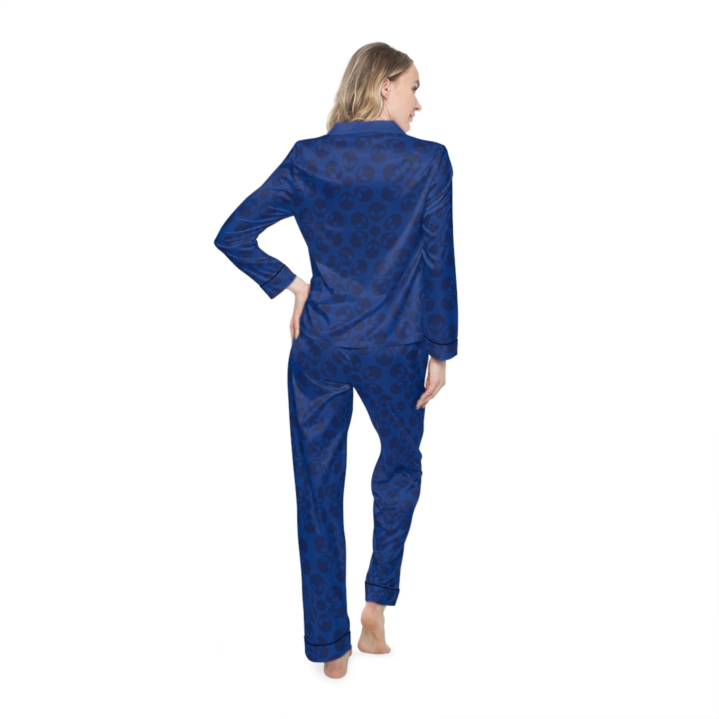 Womens Satin Pajamas  Alien Flowers Dark Blue