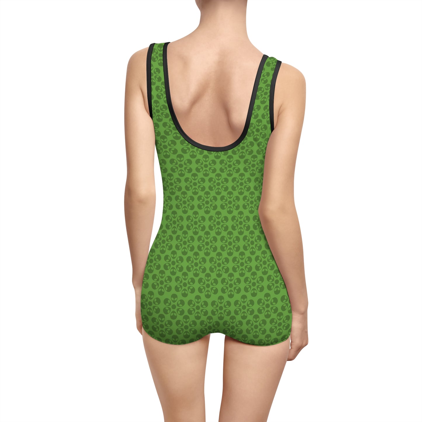 Womens Vintage Swimsuit  Alien Flowers Green