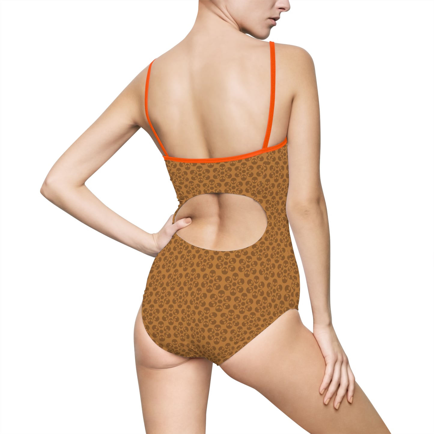 Womens Onepiece Swimsuit  Alien Flowers Light Brown